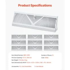 VEVOR 15-Inch Floor Registers, 10-Pack Baseboard Registers, HVAC Heavy-Duty Walkable Iron Floor Vents, Rustproof Anti-Peeling Air Vents Deflector Adjustable with Metal Damper for Home & Office, White