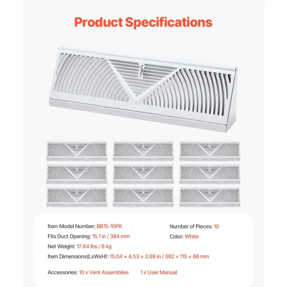VEVOR 15-Inch Floor Registers, 10-Pack Baseboard Registers, HVAC Heavy-Duty Walkable Iron Floor Vents, Rustproof Anti-Peeling Air Vents Deflector Adjustable with Metal Damper for Home & Office, White