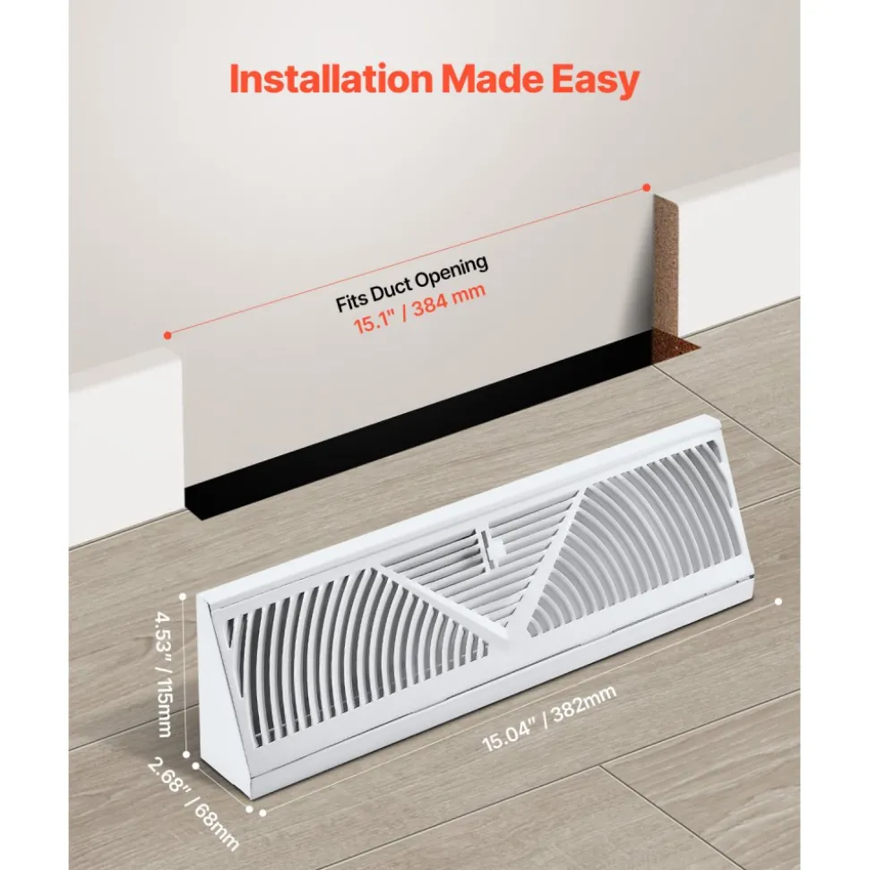 VEVOR 15-Inch Floor Registers, 10-Pack Baseboard Registers, HVAC Heavy-Duty Walkable Iron Floor Vents, Rustproof Anti-Peeling Air Vents Deflector Adjustable with Metal Damper for Home & Office, White