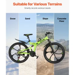 VEVOR 26 inch Folding Mountain Bike, MTB Bicycle with Full Suspension, 21-speed Drivetrain, Comfort Saddle, Disc Brakes, High Carbon Steel Frame, Adult Sport Cycling Bicycle for Men Women Trail Snow