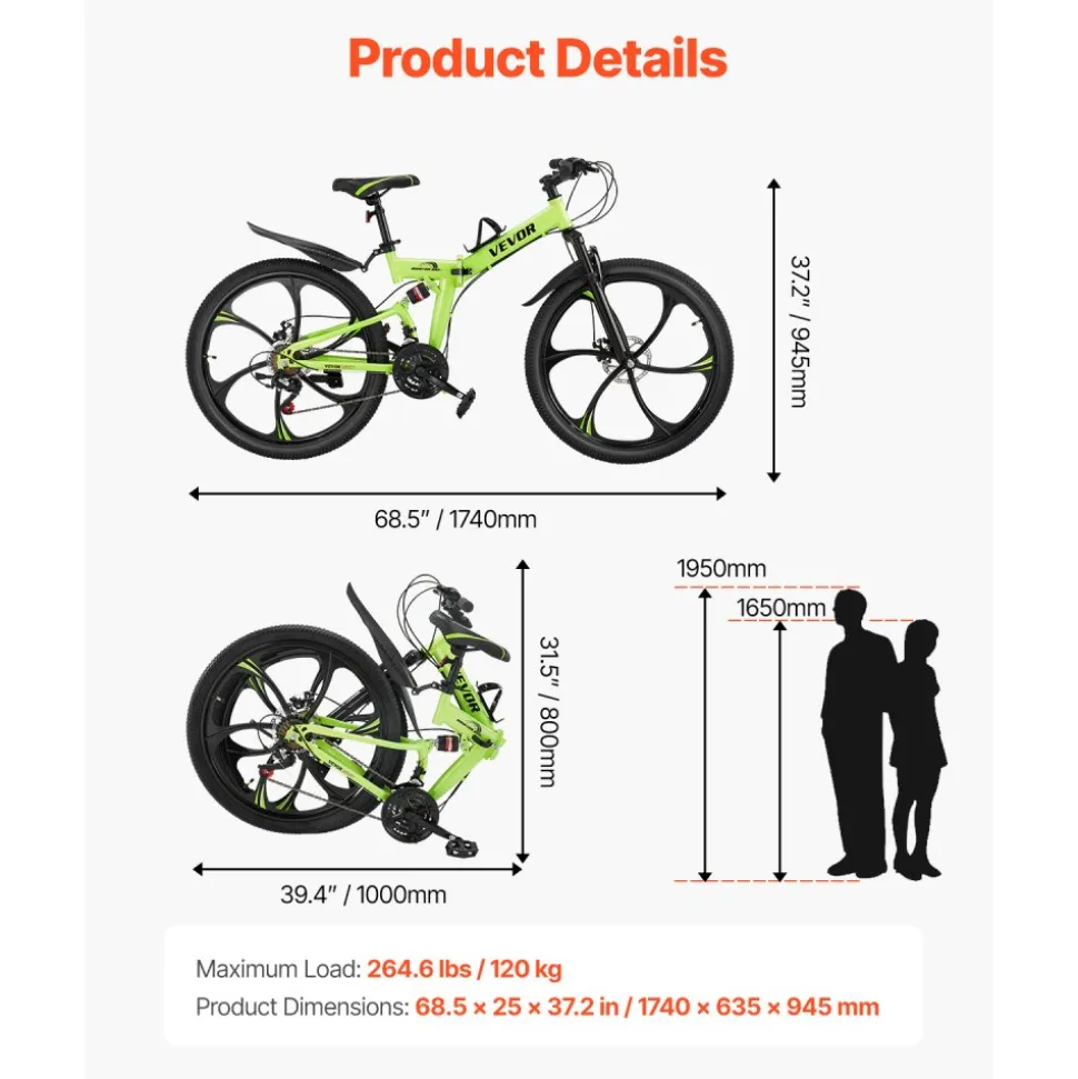 VEVOR 26 inch Folding Mountain Bike, MTB Bicycle with Full Suspension, 21-speed Drivetrain, Comfort Saddle, Disc Brakes, High Carbon Steel Frame, Adult Sport Cycling Bicycle for Men Women Trail Snow