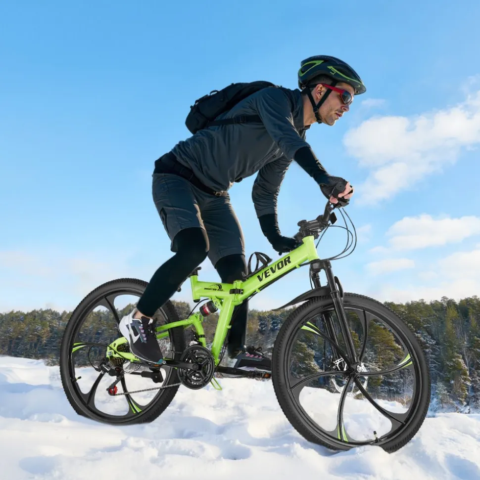 VEVOR 26 inch Folding Mountain Bike, MTB Bicycle with Full Suspension, 21-speed Drivetrain, Comfort Saddle, Disc Brakes, High Carbon Steel Frame, Adult Sport Cycling Bicycle for Men Women Trail Snow