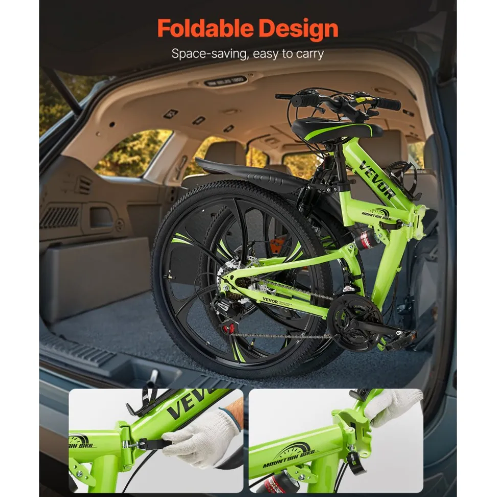 VEVOR 26 inch Folding Mountain Bike, MTB Bicycle with Full Suspension, 21-speed Drivetrain, Comfort Saddle, Disc Brakes, High Carbon Steel Frame, Adult Sport Cycling Bicycle for Men Women Trail Snow