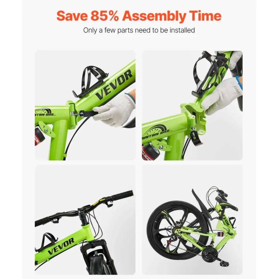 VEVOR 26 inch Folding Mountain Bike, MTB Bicycle with Full Suspension, 21-speed Drivetrain, Comfort Saddle, Disc Brakes, High Carbon Steel Frame, Adult Sport Cycling Bicycle for Men Women Trail Snow