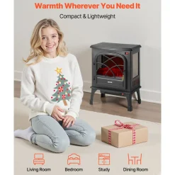 VEVOR 25.5inch Freestanding Fireplaces, 1500W 5120BTU Portable Electric Fireplace Stove Heater, with Overheating Protection,Adjustable Flames,Timer, Remote,for Living Room,Bedroom,Black