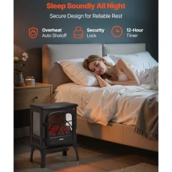 VEVOR 25.5inch Freestanding Fireplaces, 1500W 5120BTU Portable Electric Fireplace Stove Heater, with Overheating Protection,Adjustable Flames,Timer, Remote,for Living Room,Bedroom,Black