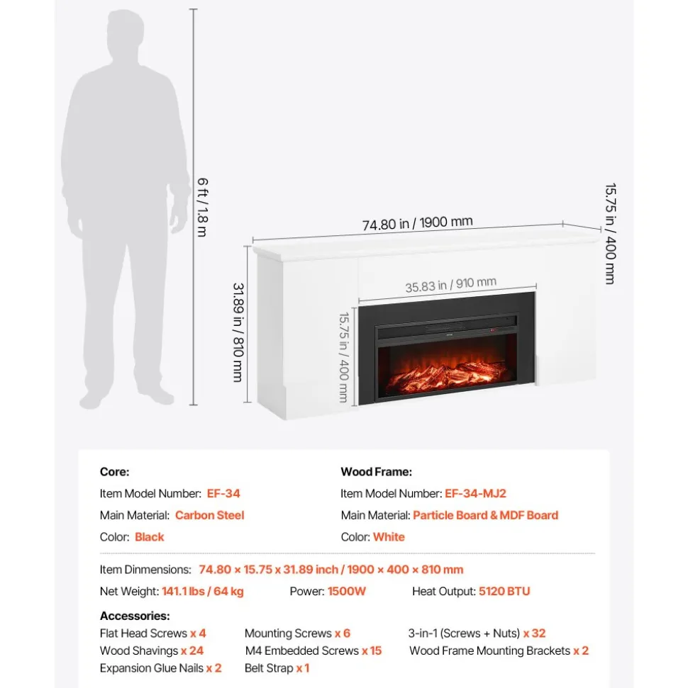 VEVOR 75 inch Freestanding Fireplaces, 1500W 5120BTU Fake Electric Fireplace Stove Heater with Mantel, Overheating Protection, Adjustable Flames,Timer, Remote, for Living Room,Bedroom,White