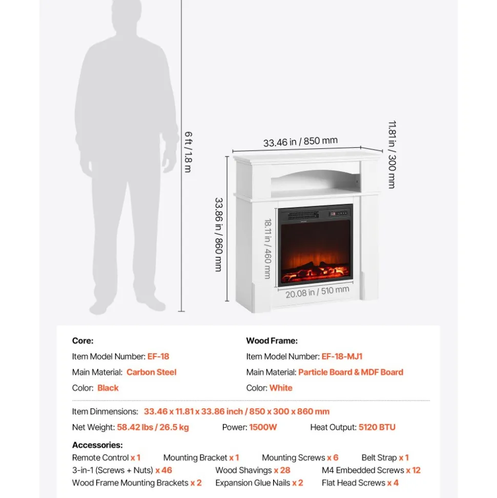 VEVOR 43 inch Freestanding Fireplaces, 1500W 5120BTU Fake Electric Fireplace Stove Heater with Mantel, Overheating Protection, Adjustable Flames,Timer, Remote, for Living Room,Bedroom,White
