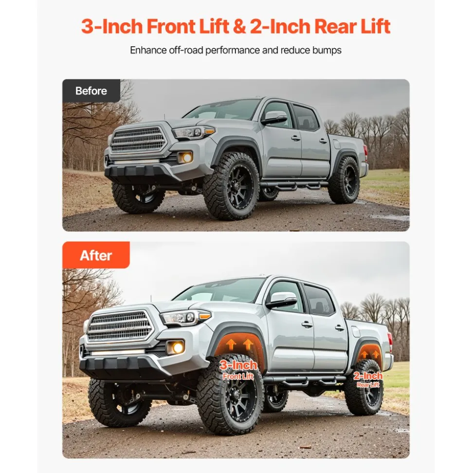 VEVOR 3 Inch Front and 2 Inch Rear Leveling Lift Kit for 2007-2023 Silverado 1500 2WD/4WD, 2007-2023 Sierra 1500 2WD/4WD, Chassis Level Kit with 2 Front Strut Spacers, 2 Rear Lift Blocks, 2 U-Bolts