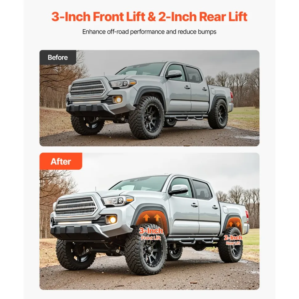 VEVOR 3 Inch Front and 2 Inch Rear Leveling Lift Kit for 2005-2021, 2022, 2023 Toyota Tacoma 2WD/4WD, Chassis Level Kit with 2 Front Strut Spacers, 2 Rear Lift Blocks, 4 U-Bolts, Suspension Level Kit