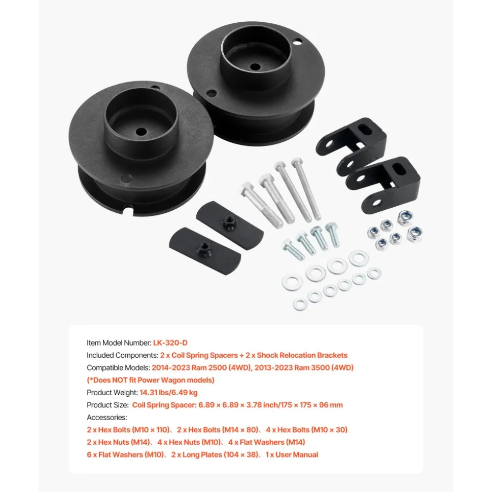 VEVOR 2.5 Inch Front Leveling Lift Kit for 2014-2023 Dodge Ram 2500 4WD, 2013-2023 Ram 3500 4WD, Chassis Level Kit with Coil Spring Spacers & Shock Relocation Brackets, Steel Suspension Leveling Kit