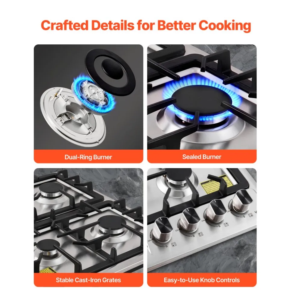 VEVOR 24 inch Gas Cooktop 4 Burners Gas Stove Top, Max 27000BTU Built-in Stainless Steel Stove Top LPG/NG Convertible Dual Fuel Cooktop Stoves with Thermocouple Protection for Kitchen Apartment Rvs