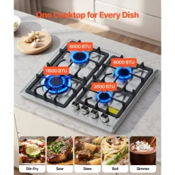 VEVOR 24 inch Gas Cooktop 4 Burners Gas Stove Top, Max 27000BTU Built-in Stainless Steel Stove Top LPG/NG Convertible Dual Fuel Cooktop Stoves with Thermocouple Protection for Kitchen Apartment Rvs