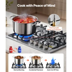 VEVOR 24 inch Gas Cooktop 4 Burners Gas Stove Top, Max 27000BTU Built-in Stainless Steel Stove Top LPG/NG Convertible Dual Fuel Cooktop Stoves with Thermocouple Protection for Kitchen Apartment Rvs