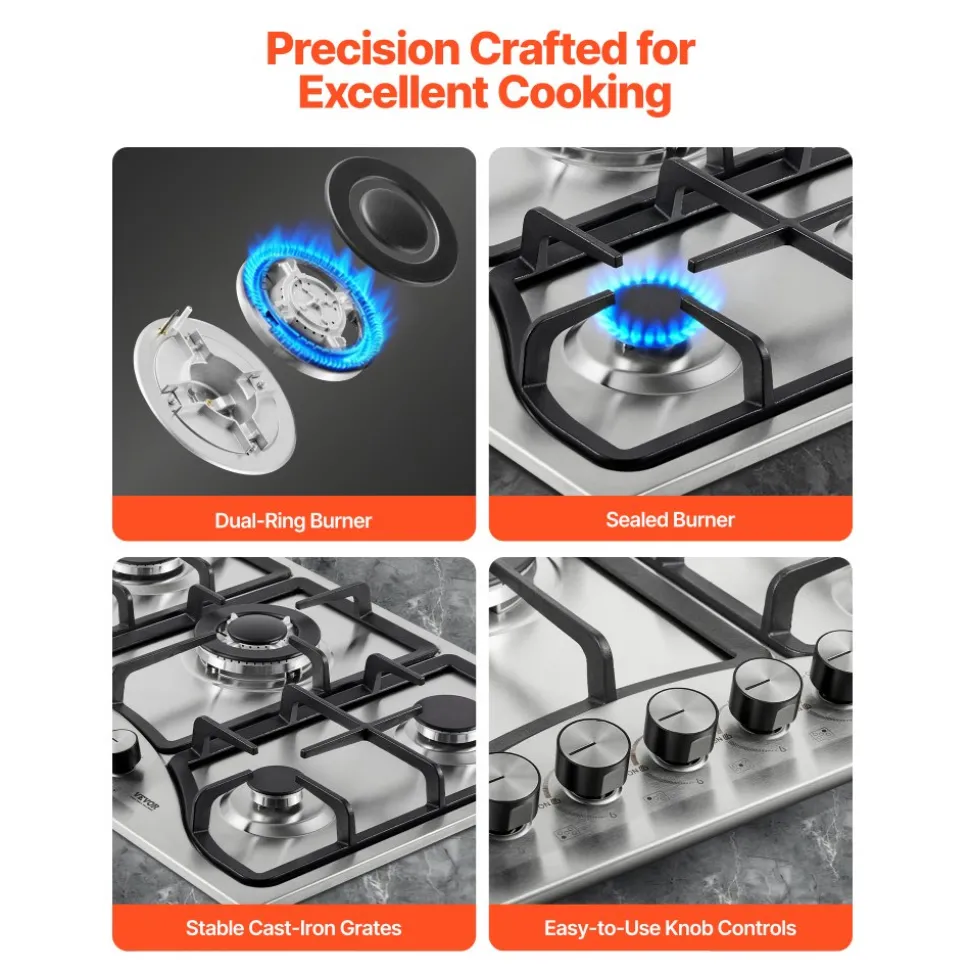 VEVOR 30-inch Gas Cooktop, 5 Burners Built-in Gas Stove Top, Max 12250BTU NG/LPG Convertible Stainless Steel Natural Gas Hob, with Thermocouple Protection for Camping, RV, Apartment