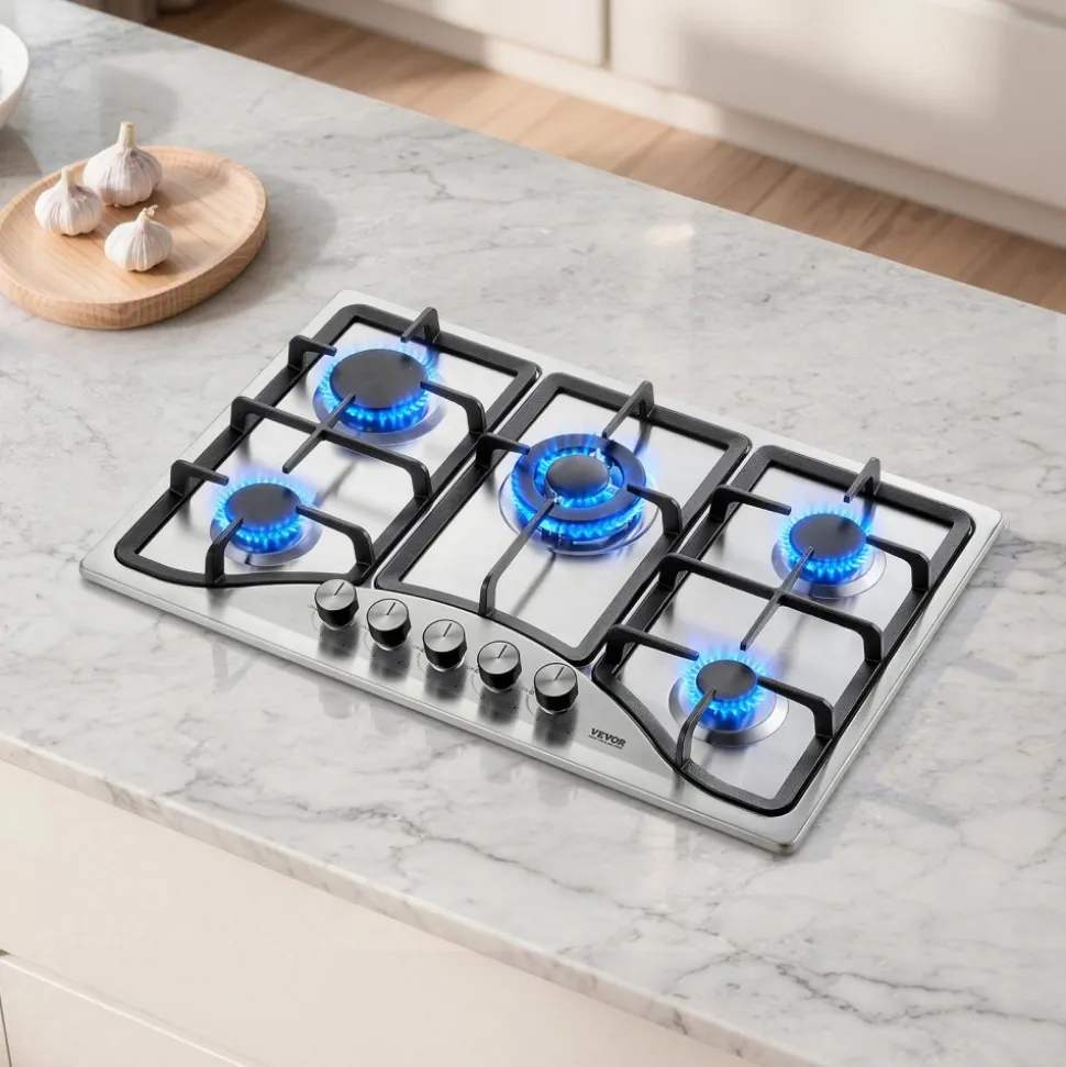 VEVOR 30-inch Gas Cooktop, 5 Burners Built-in Gas Stove Top, Max 12250BTU NG/LPG Convertible Stainless Steel Natural Gas Hob, with Thermocouple Protection for Camping, RV, Apartment