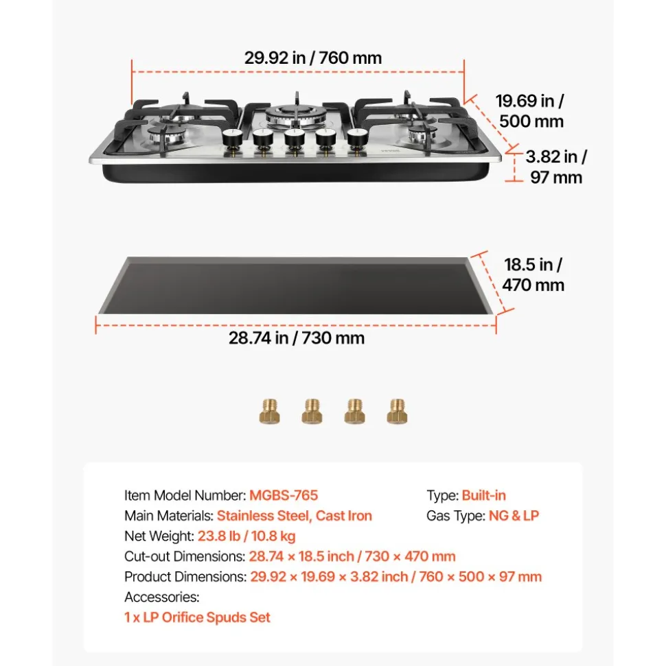 VEVOR 30-inch Gas Cooktop, 5 Burners Built-in Gas Stove Top, Max 12250BTU NG/LPG Convertible Stainless Steel Natural Gas Hob, with Thermocouple Protection for Camping, RV, Apartment