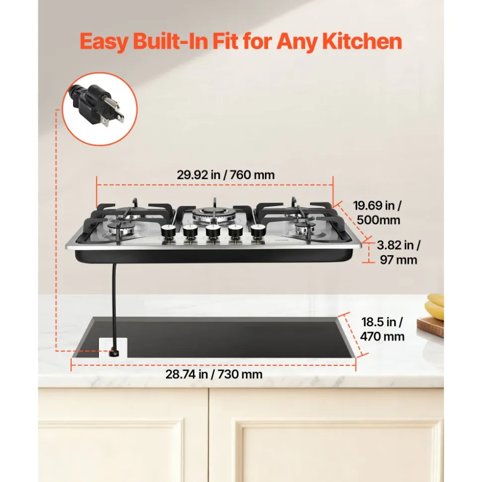 VEVOR 30-inch Gas Cooktop, 5 Burners Built-in Gas Stove Top, Max 12250BTU NG/LPG Convertible Stainless Steel Natural Gas Hob, with Thermocouple Protection for Camping, RV, Apartment