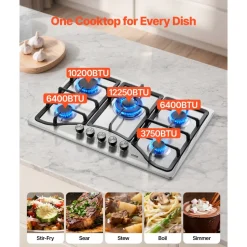 VEVOR 30-inch Gas Cooktop, 5 Burners Built-in Gas Stove Top, Max 12250BTU NG/LPG Convertible Stainless Steel Natural Gas Hob, with Thermocouple Protection for Camping, RV, Apartment