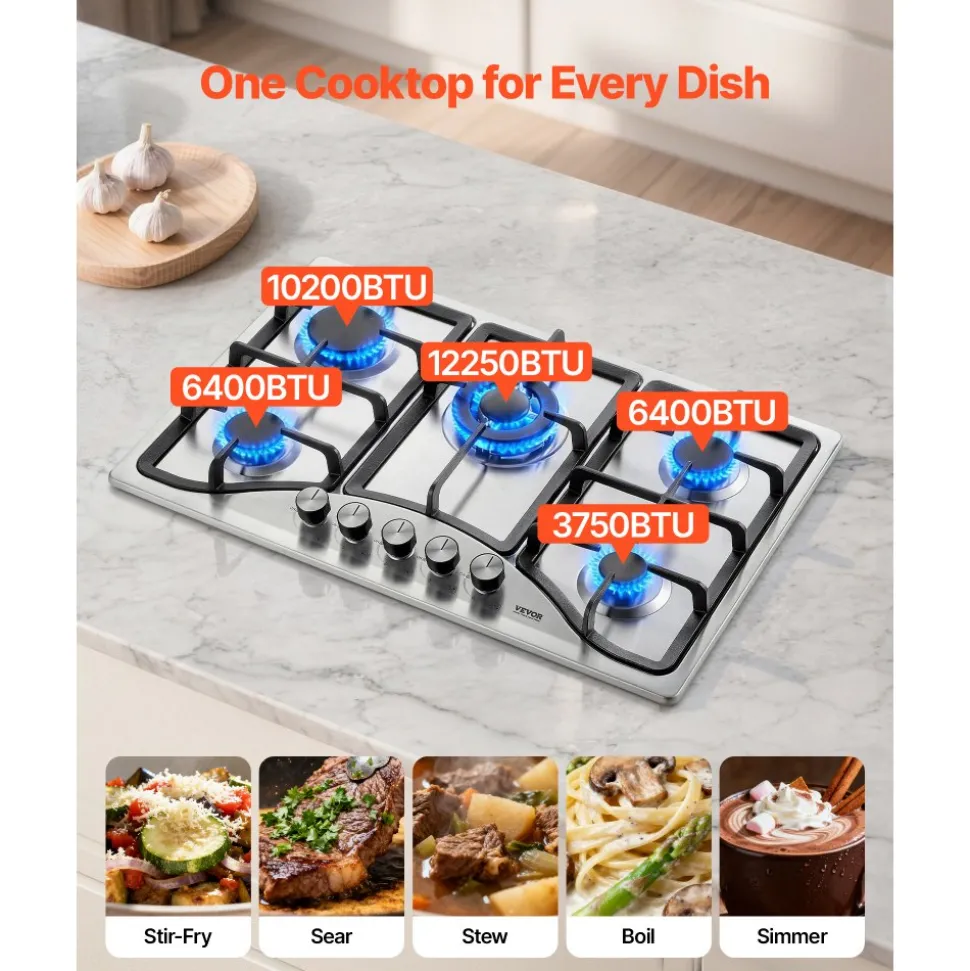 VEVOR 30-inch Gas Cooktop, 5 Burners Built-in Gas Stove Top, Max 12250BTU NG/LPG Convertible Stainless Steel Natural Gas Hob, with Thermocouple Protection for Camping, RV, Apartment