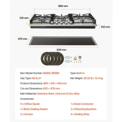 VEVOR 36 inch Gas Cooktop 5 Burners Gas Stove Top, Max 38300BTU Built-in Stainless Steel Stove Top LPG/NG Convertible Dual Fuel Cooktop Stoves with SABAF Dual-Ring Burner for Kitchen Apartment Rvs