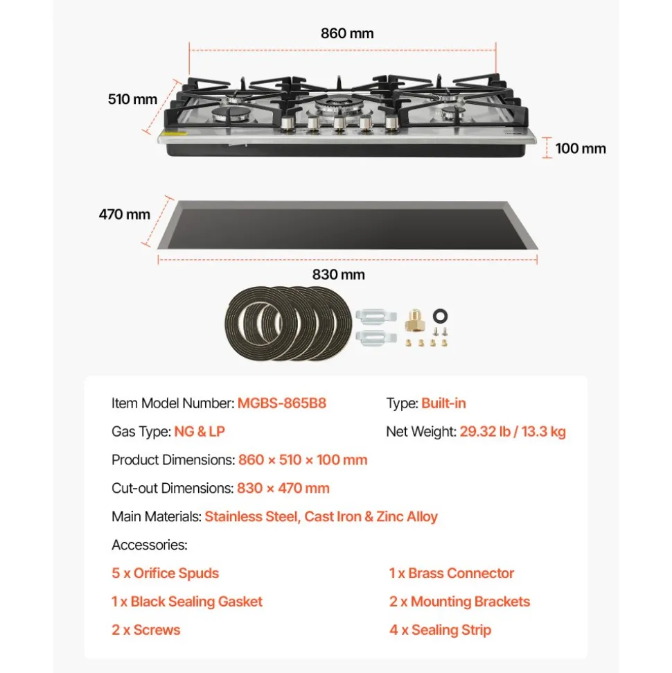 VEVOR 36 inch Gas Cooktop 5 Burners Gas Stove Top, Max 38300BTU Built-in Stainless Steel Stove Top LPG/NG Convertible Dual Fuel Cooktop Stoves with SABAF Dual-Ring Burner for Kitchen Apartment Rvs