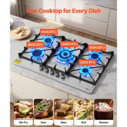 VEVOR 36 inch Gas Cooktop 5 Burners Gas Stove Top, Max 38300BTU Built-in Stainless Steel Stove Top LPG/NG Convertible Dual Fuel Cooktop Stoves with SABAF Dual-Ring Burner for Kitchen Apartment Rvs