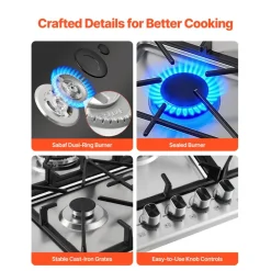 VEVOR 36 inch Gas Cooktop 5 Burners Gas Stove Top, Max 38300BTU Built-in Stainless Steel Stove Top LPG/NG Convertible Dual Fuel Cooktop Stoves with SABAF Dual-Ring Burner for Kitchen Apartment Rvs