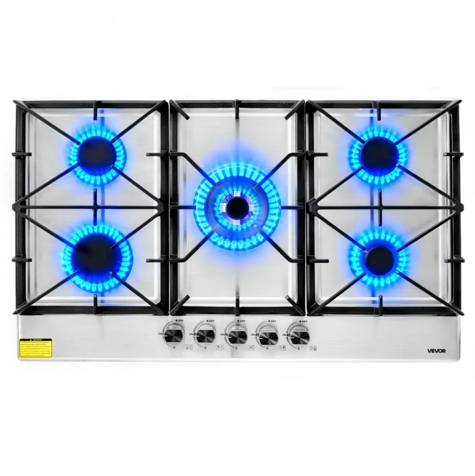 VEVOR 36 inch Gas Cooktop 5 Burners Gas Stove Top, Max 38300BTU Built-in Stainless Steel Stove Top LPG/NG Convertible Dual Fuel Cooktop Stoves with SABAF Dual-Ring Burner for Kitchen Apartment Rvs