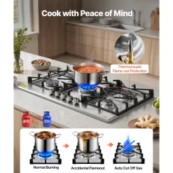 VEVOR 36 inch Gas Cooktop 5 Burners Gas Stove Top, Max 38300BTU Built-in Stainless Steel Stove Top LPG/NG Convertible Dual Fuel Cooktop Stoves with SABAF Dual-Ring Burner for Kitchen Apartment Rvs