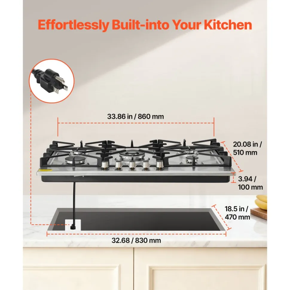 VEVOR 36 inch Gas Cooktop 5 Burners Gas Stove Top, Max 38300BTU Built-in Stainless Steel Stove Top LPG/NG Convertible Dual Fuel Cooktop Stoves with SABAF Dual-Ring Burner for Kitchen Apartment Rvs