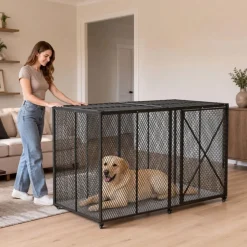VEVOR 64 Inch Heavy Duty Dog Crate, Max Load Capacity 300 lbs, Indestructible Escape-Proof Dog Kennel Indoor for High Anxiety Large Breeds, Steel Metal Pet Cage with Double Doors & Lockable Wheels