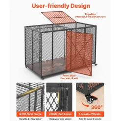 VEVOR 64 Inch Heavy Duty Dog Crate, Max Load Capacity 300 lbs, Indestructible Escape-Proof Dog Kennel Indoor for High Anxiety Large Breeds, Steel Metal Pet Cage with Double Doors & Lockable Wheels