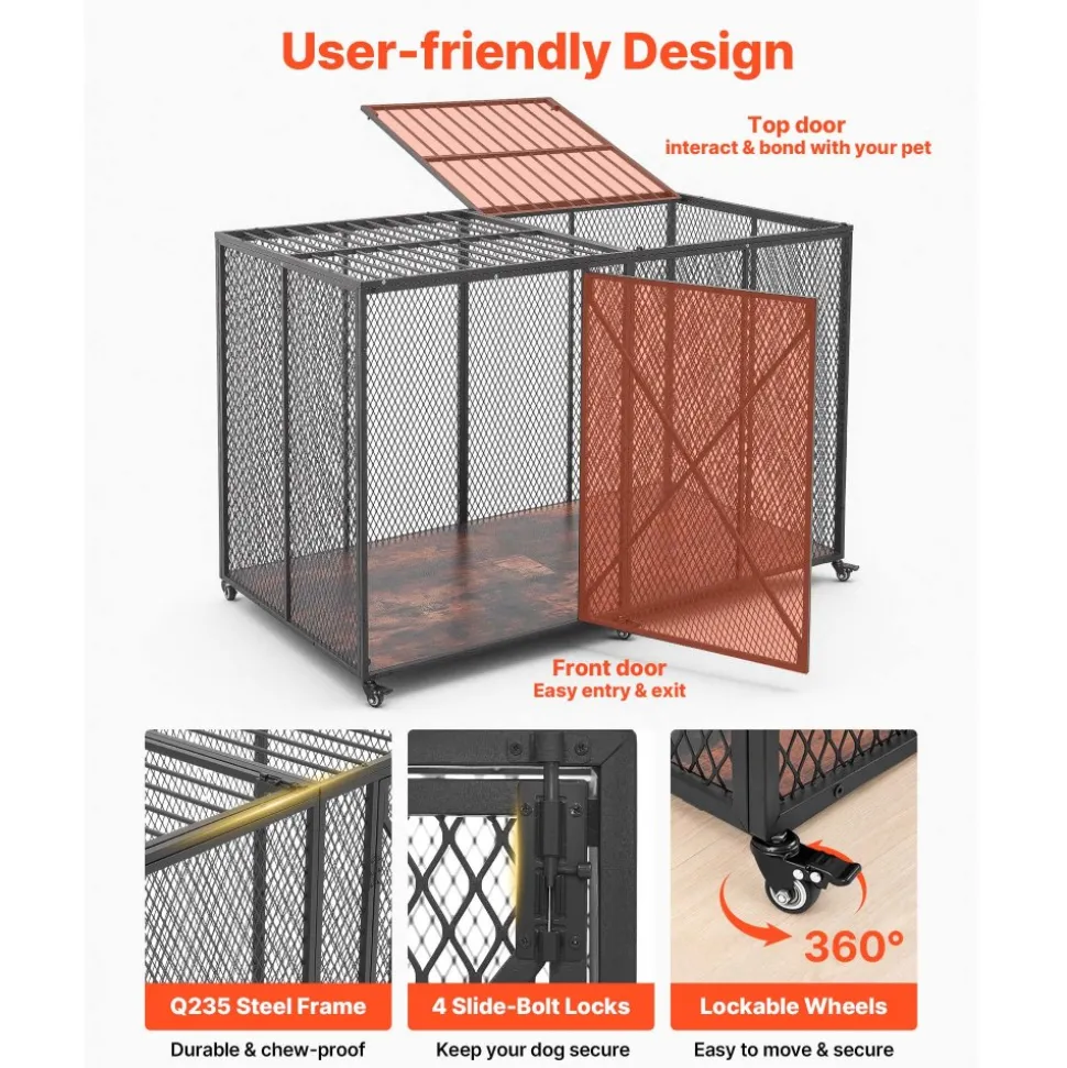 VEVOR 64 Inch Heavy Duty Dog Crate, Max Load Capacity 300 lbs, Indestructible Escape-Proof Dog Kennel Indoor for High Anxiety Large Breeds, Steel Metal Pet Cage with Double Doors & Lockable Wheels
