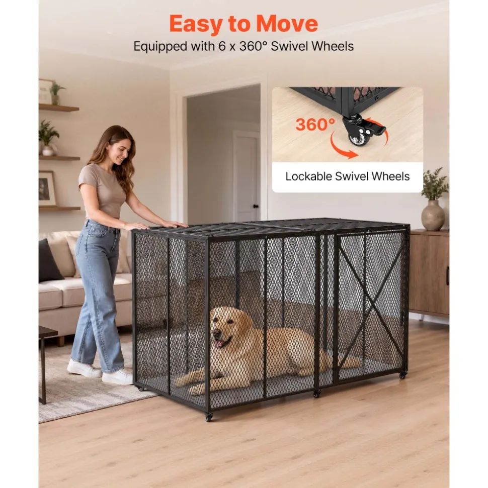 VEVOR 64 Inch Heavy Duty Dog Crate, Max Load Capacity 300 lbs, Indestructible Escape-Proof Dog Kennel Indoor for High Anxiety Large Breeds, Steel Metal Pet Cage with Double Doors & Lockable Wheels