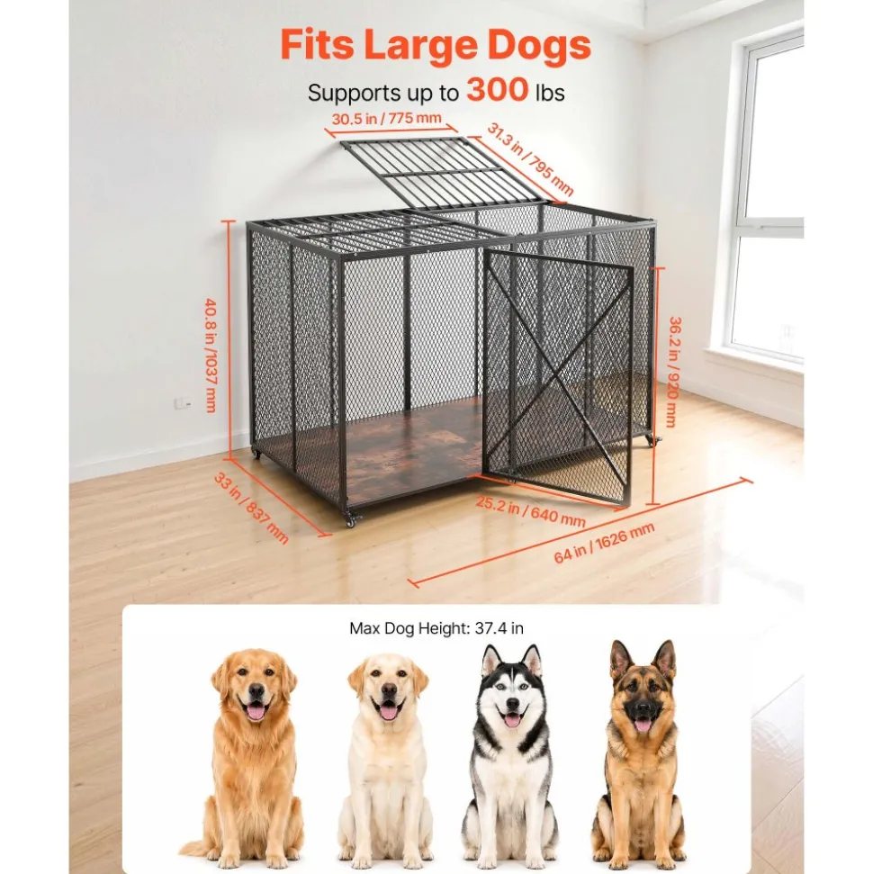 VEVOR 64 Inch Heavy Duty Dog Crate, Max Load Capacity 300 lbs, Indestructible Escape-Proof Dog Kennel Indoor for High Anxiety Large Breeds, Steel Metal Pet Cage with Double Doors & Lockable Wheels