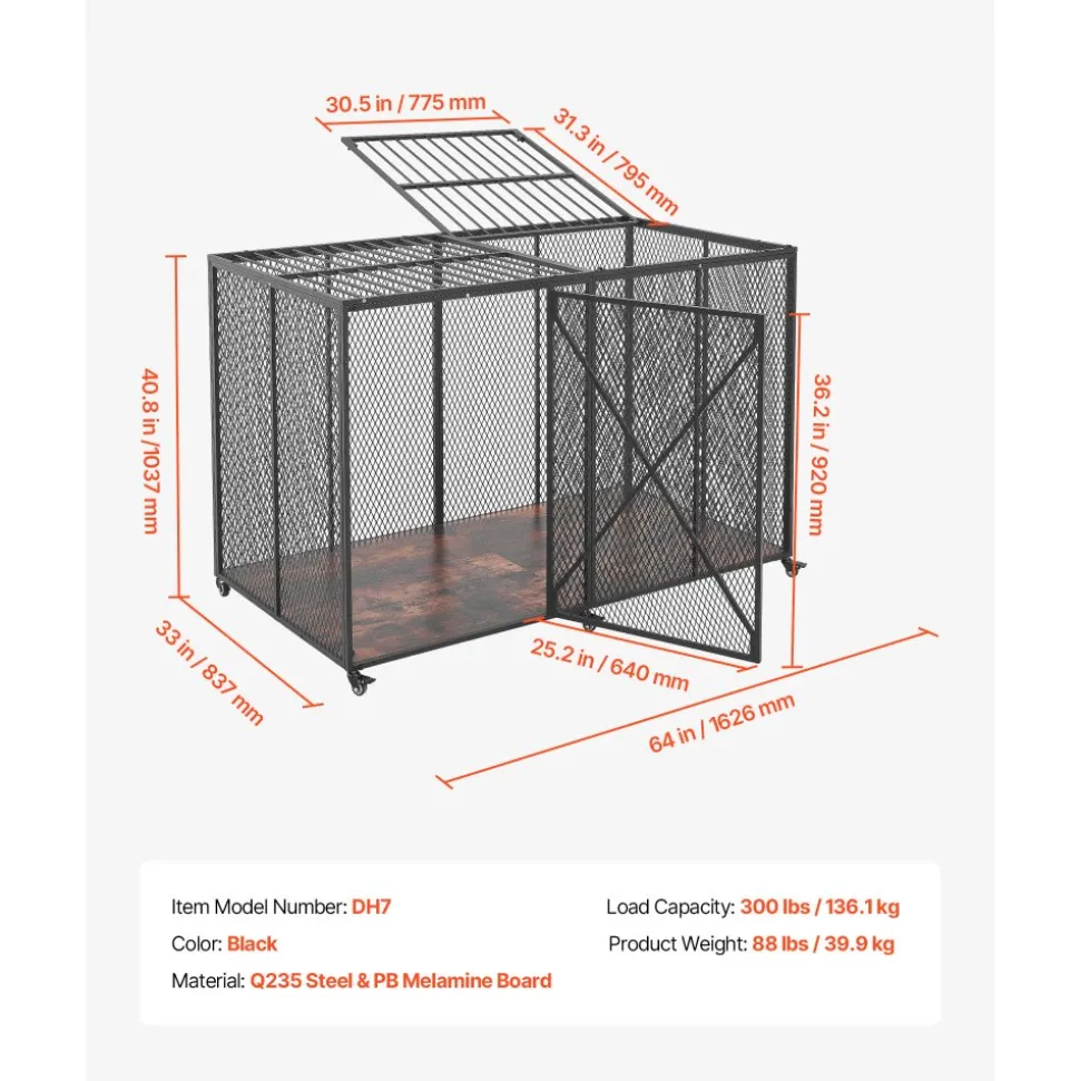 VEVOR 64 Inch Heavy Duty Dog Crate, Max Load Capacity 300 lbs, Indestructible Escape-Proof Dog Kennel Indoor for High Anxiety Large Breeds, Steel Metal Pet Cage with Double Doors & Lockable Wheels