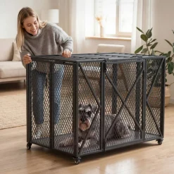 VEVOR 38 Inch Heavy Duty Dog Crate, Max Load 250 lbs, Foldable Indestructible Escape-Proof Dog Kennel Indoor for High Anxiety Small & Medium Breeds, Steel Pet Cage with Double Doors & Lockable Wheels