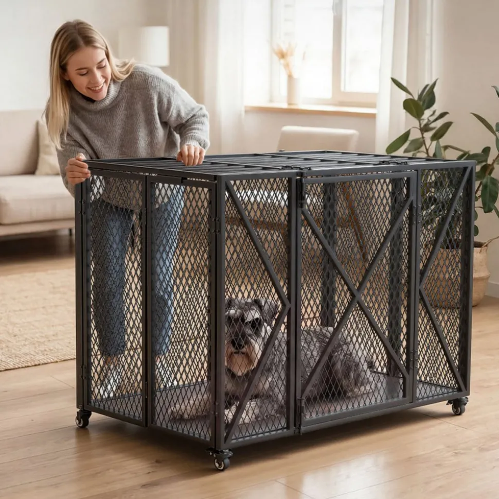 VEVOR 38 Inch Heavy Duty Dog Crate, Max Load 250 lbs, Foldable Indestructible Escape-Proof Dog Kennel Indoor for High Anxiety Small & Medium Breeds, Steel Pet Cage with Double Doors & Lockable Wheels