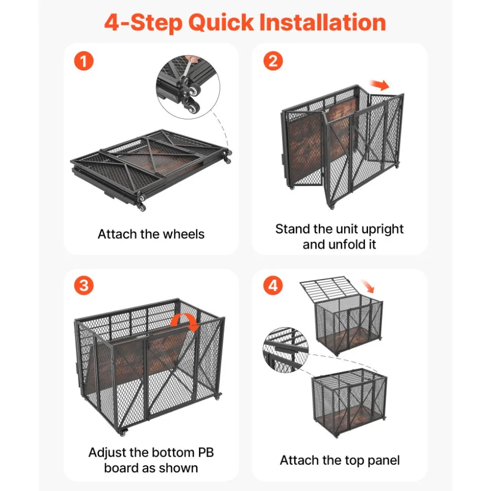 VEVOR 38 Inch Heavy Duty Dog Crate, Max Load 250 lbs, Foldable Indestructible Escape-Proof Dog Kennel Indoor for High Anxiety Small & Medium Breeds, Steel Pet Cage with Double Doors & Lockable Wheels