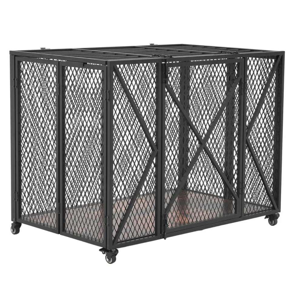 VEVOR 38 Inch Heavy Duty Dog Crate, Max Load 250 lbs, Foldable Indestructible Escape-Proof Dog Kennel Indoor for High Anxiety Small & Medium Breeds, Steel Pet Cage with Double Doors & Lockable Wheels