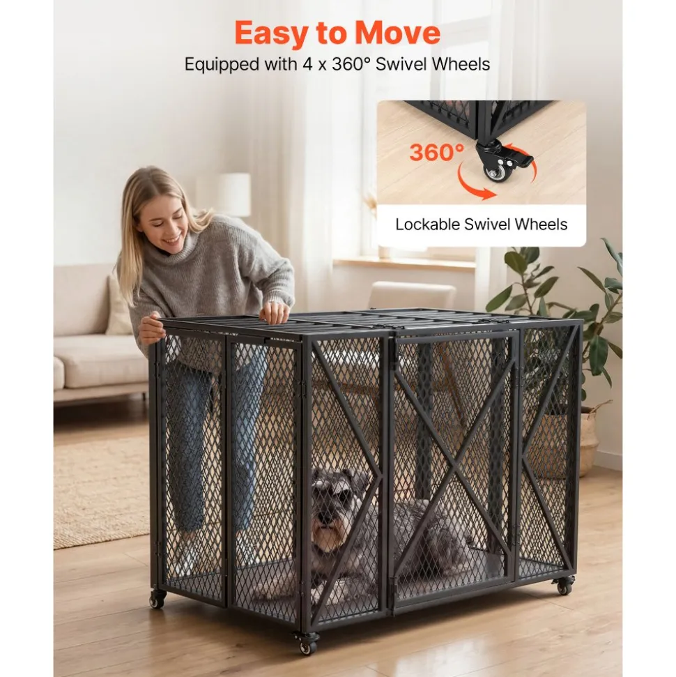 VEVOR 38 Inch Heavy Duty Dog Crate, Max Load 250 lbs, Foldable Indestructible Escape-Proof Dog Kennel Indoor for High Anxiety Small & Medium Breeds, Steel Pet Cage with Double Doors & Lockable Wheels