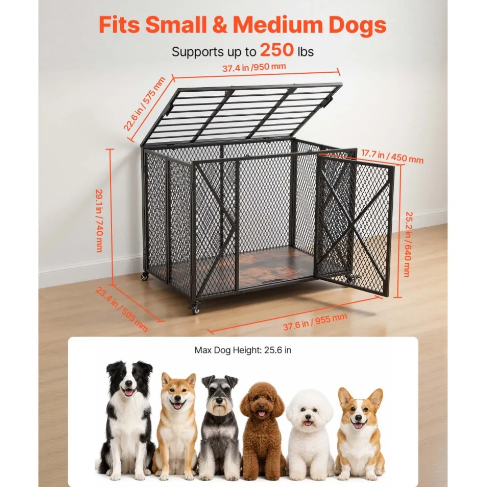 VEVOR 38 Inch Heavy Duty Dog Crate, Max Load 250 lbs, Foldable Indestructible Escape-Proof Dog Kennel Indoor for High Anxiety Small & Medium Breeds, Steel Pet Cage with Double Doors & Lockable Wheels