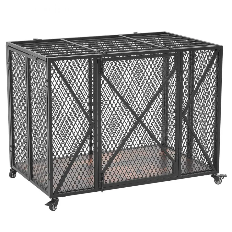 VEVOR 38 Inch Heavy Duty Dog Crate, Max Load 250 lbs, Foldable Indestructible Escape-Proof Dog Kennel Indoor for High Anxiety Small & Medium Breeds, Steel Pet Cage with Double Doors & Lockable Wheels