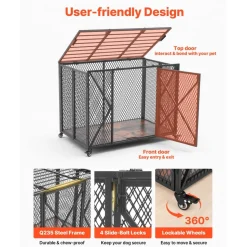 VEVOR 38 Inch Heavy Duty Dog Crate, Max Load 250 lbs, Foldable Indestructible Escape-Proof Dog Kennel Indoor for High Anxiety Small & Medium Breeds, Steel Pet Cage with Double Doors & Lockable Wheels