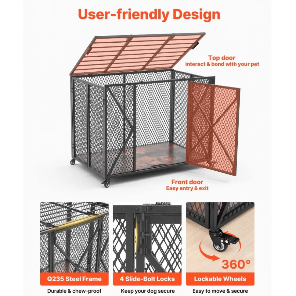 VEVOR 38 Inch Heavy Duty Dog Crate, Max Load 250 lbs, Foldable Indestructible Escape-Proof Dog Kennel Indoor for High Anxiety Small & Medium Breeds, Steel Pet Cage with Double Doors & Lockable Wheels