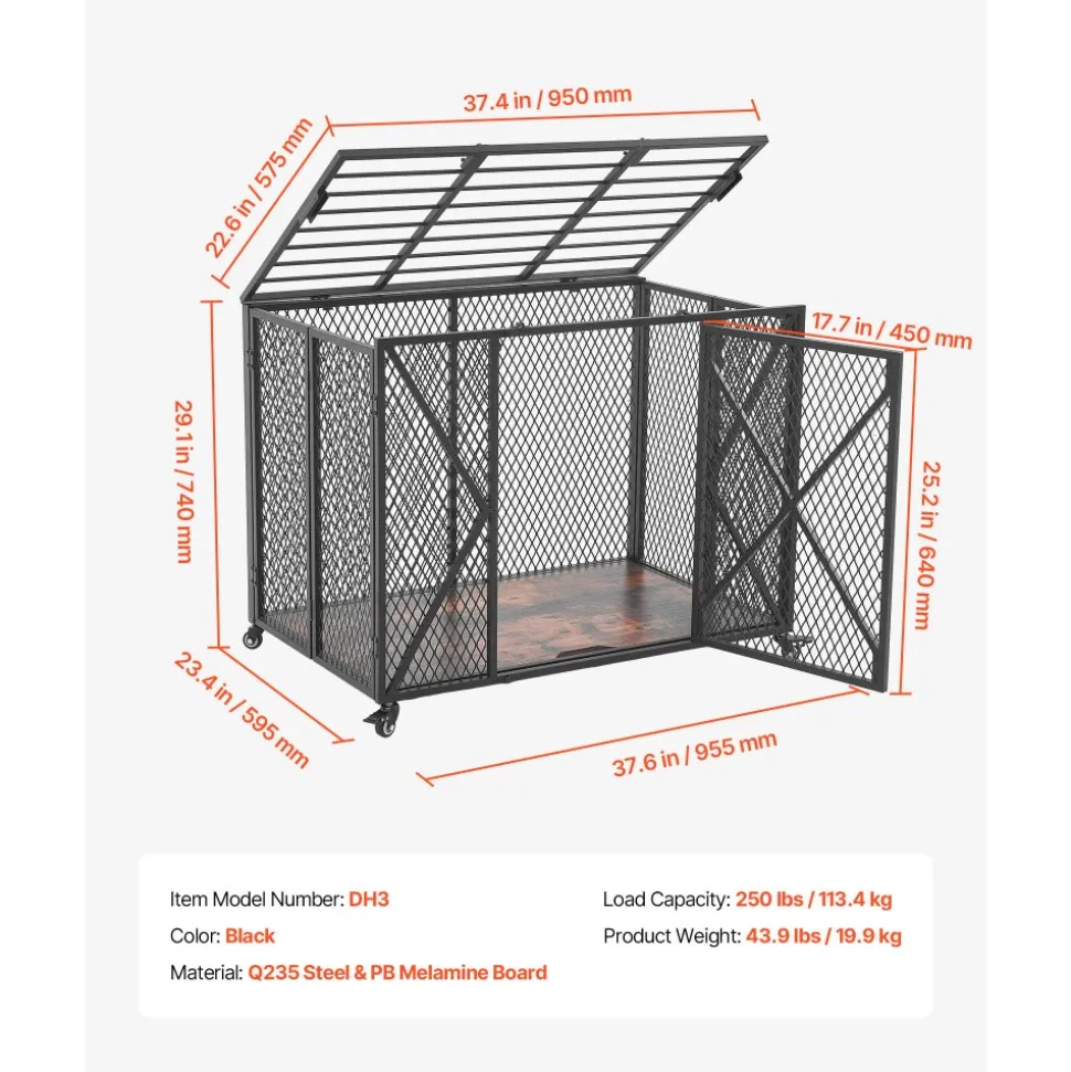 VEVOR 38 Inch Heavy Duty Dog Crate, Max Load 250 lbs, Foldable Indestructible Escape-Proof Dog Kennel Indoor for High Anxiety Small & Medium Breeds, Steel Pet Cage with Double Doors & Lockable Wheels