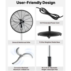 VEVOR 30-Inch High Velocity Pedestal Fan, 9100 CFM Industrial Standing Floor Fan with 85° Oscillating, 3-Speed Adjustable Height, IP44 Waterproof, Carbon Steel for Commercial, Garage, Workshop, Black