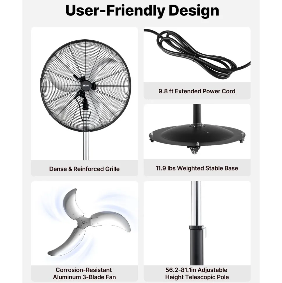 VEVOR 30-Inch High Velocity Pedestal Fan, 9100 CFM Industrial Standing Floor Fan with 85° Oscillating, 3-Speed Adjustable Height, IP44 Waterproof, Carbon Steel for Commercial, Garage, Workshop, Black