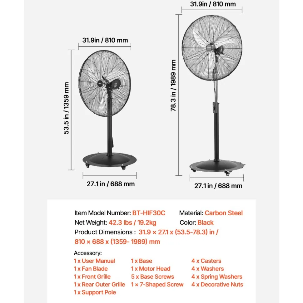 VEVOR 30-Inch High Velocity Pedestal Fan, 9100 CFM Industrial Standing Floor Fan with 85° Oscillating, 3-Speed Adjustable Height, IP44 Waterproof, Carbon Steel for Commercial, Garage, Workshop, Black